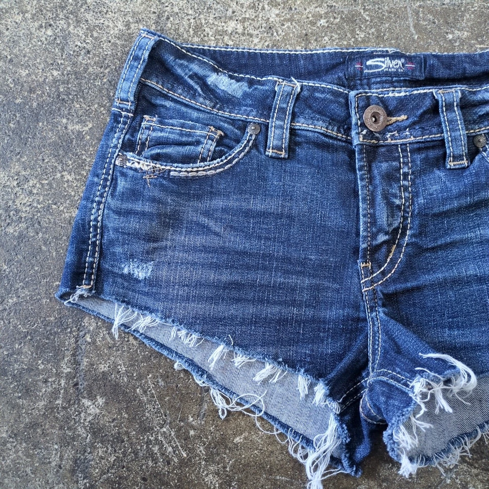 Silver Jeans Cut Off Denim Jean Shorts Womens 26 Blue Distressed Dark Stretch 2" - Image 2 of 4