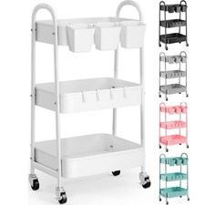 3 Tier Heavy Duty Metal Rolling Storage Cart Lockable Wheels Organizer White