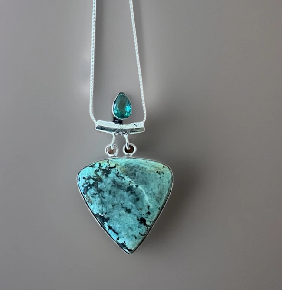African Turquoise & Topaz Gemstone Pendant Necklace -925 Silver plated-New - image 3 of 4