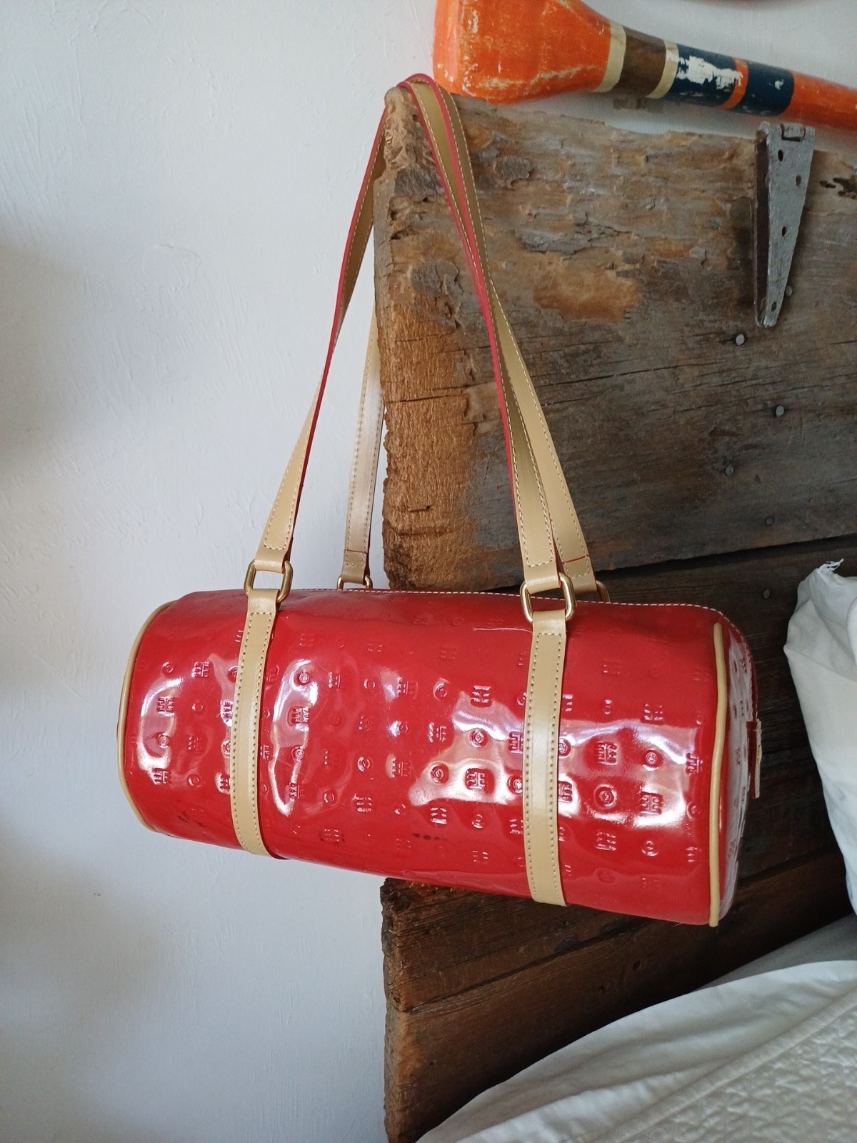Arcadia Made In Italy Patent Leather RED Barrel shoulder Bag Satchel