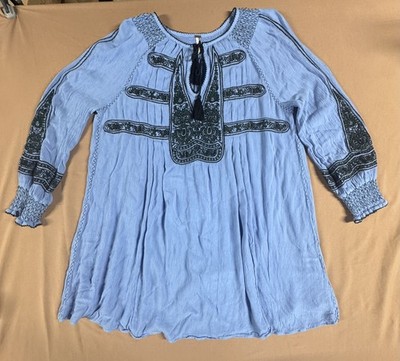 Free People Boho Blue Embroidered Tassel Peasant Tunic Dress Medium