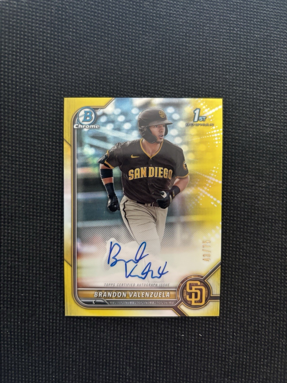 BRANDON VALENZUELA 2022 BOWMAN CHROME 1ST RC AUTO YELLOW REFRACTOR /75 PADRES