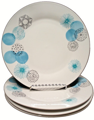 4pc MODE by Gibson 10'' Dinner Plates White w/Blue & Black Geometric Designs  H32