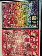 Two Cobble Hill 1000 Piece Jigsaw Puzzles COMPLETE w/Posters Red & Rainbox
