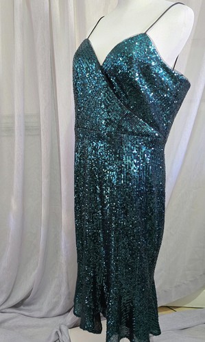 Bariano Dress s.XL NWOT Green Sequin Formal Prom Party - Foto 2 di 9