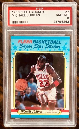 Michael Jordan 1988 FLEER STICKER #7 PSA 8 ** Bulls HOF ** !!!  ICONIC CARD  !!!