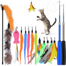 Cat Feather Toys, 13PCS Replacement Teaser with Bell Refills and 2PCS Retractabl