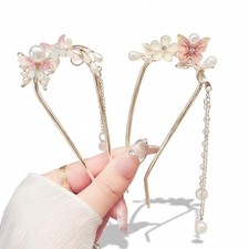 Pearl Butterfly Flower Hair Pins For Women Tassel Chain Pendant French Hair