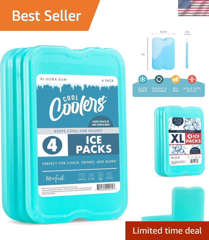 Sleek & Safe 4 Pack XL Slim Ice Packs for Lunch Bags & Picni