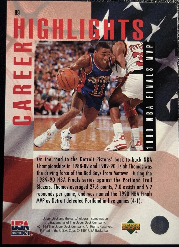 1994 Upper Deck GOLD Medal Finals MVP Isiah Thomas #69 USA Card! A21 - Image 2 of 2
