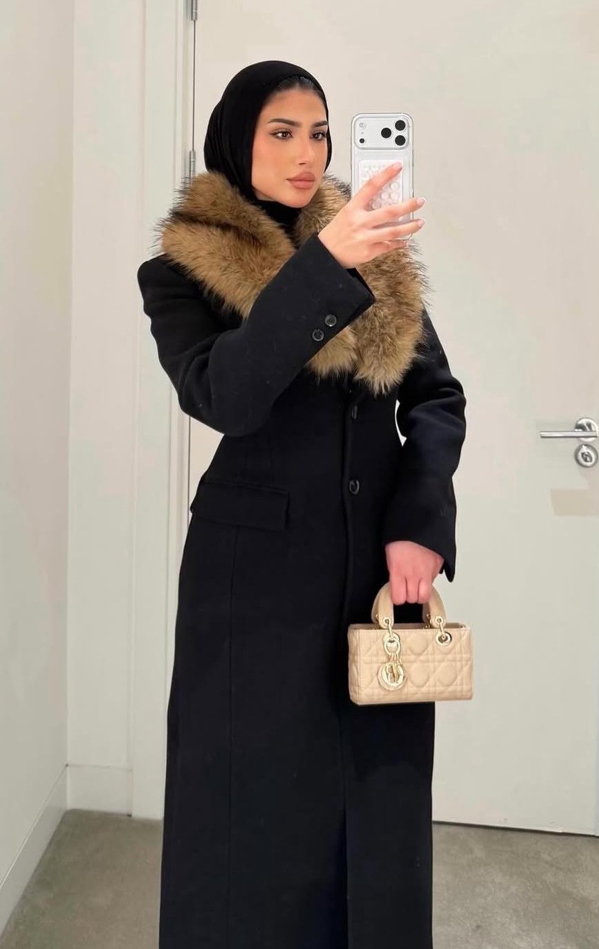 ZARA WOMAN FW25 BLACK WOOL BLEND COAT WITH FAUX FUR COLLAR ZW COLL. L 3736/251