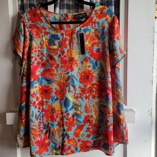 NWT Premise Womens Back Button Floral Short Sleeve Top Casual Plus Size 2X