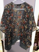 Angie Women's S Gray Rayon Chiffon Floral Lace Trim Sheer Open-Front Kimono