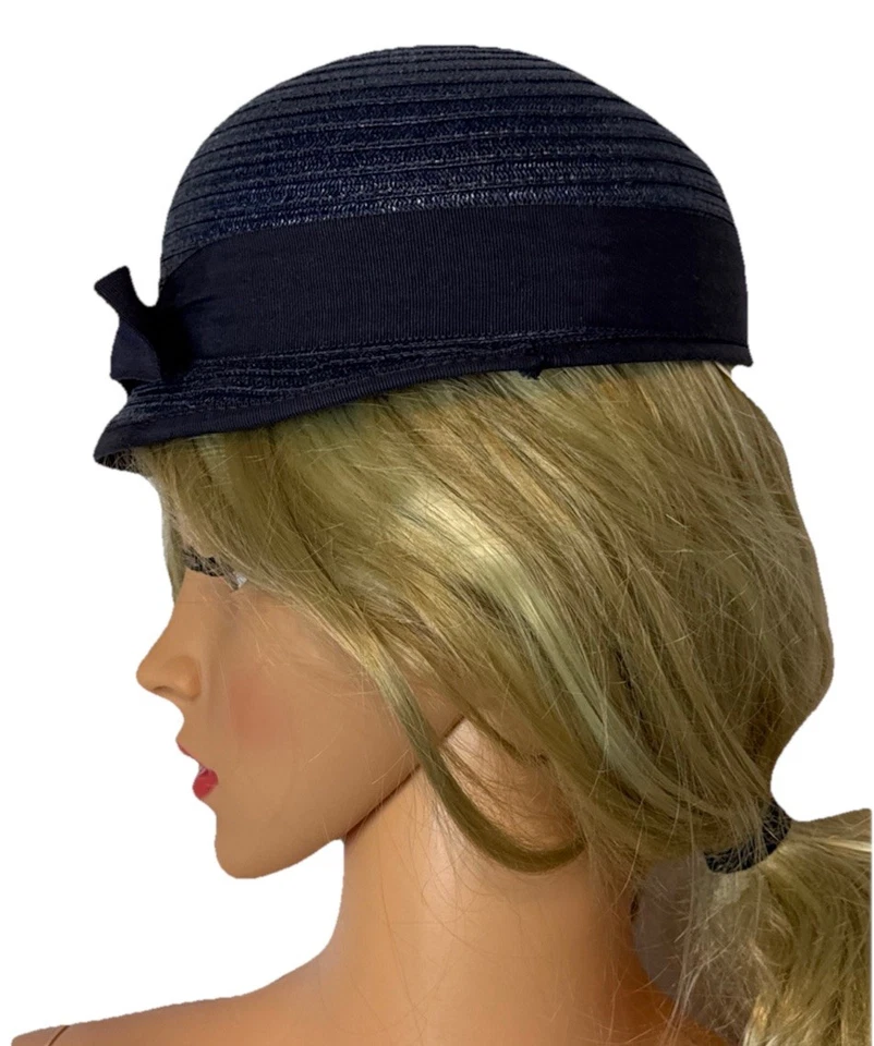 Vintage Navy Blue Cloche Hat Bow Accent Women’s Dress Church Tea Party Tiny Head - Image 3 of 4