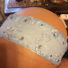 Retro Pale Sky Blue Embroidered Cotton Headband - elasticized back - Size S/M