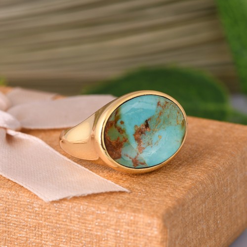 Huge Oval Kingman Turquoise Dome Ring Sterling Silver Gold Mens Chunky Ring - Picture 4 of 7
