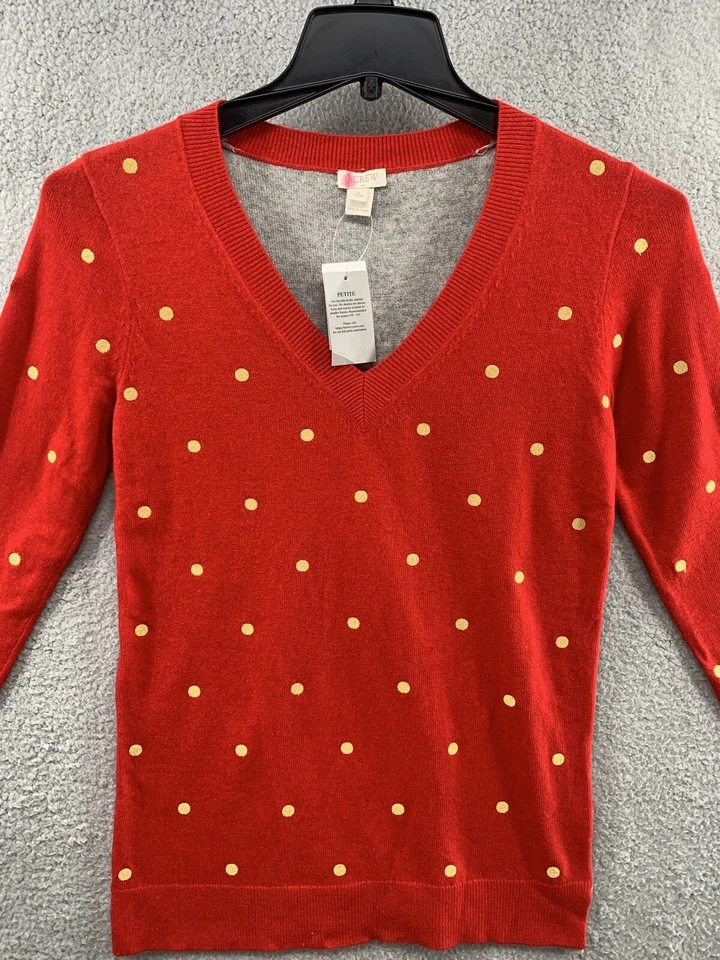 J. Crew Women Petite Gold Polka Dot Red Gray Back V-Neck Pullover Sweater Size S - Image 3 of 4