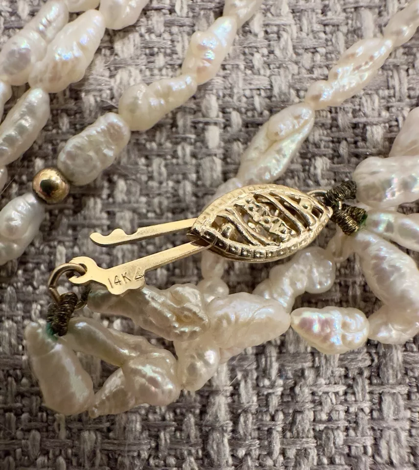 Vintage 14K Yellow Gold Clasp & Beads 3 Strand Freshwater Rice Pearl Necklace - Изображение 3 из 4