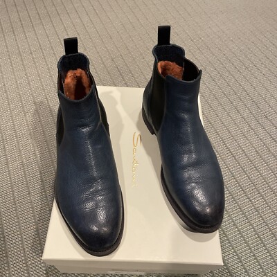 SANTONI Goodyear welt Blue grained leather boots with shearling lining US 9 