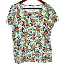 Talbots Medium Blue Tropical Beach Floral Short Sleeve Hawaii Blouse Shirt Top