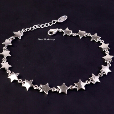 Pure Sterling Silver S925 Chain 7mmW Five Star Link Bracelet 6.7inch For Women
