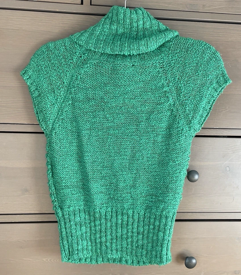 Vntg Y2K Bebe Chunky Cable Knit Cowl Neck Sweater Cap Sleeve Green Metallic Med - Image 4 of 4