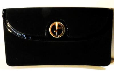 Georgio Armani Black Satin Patent Leather Clutch Handbag Cosmetic Bag -READ