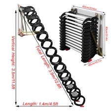 11.5ft 14 Steps Black Folding Loft Ladder Stairs Wall Mounted Al-Mg Alloy 660lbs