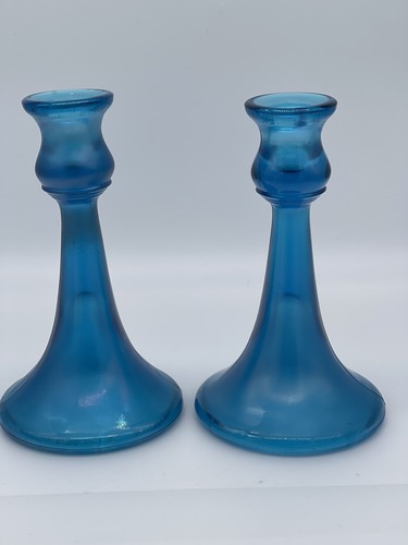 Blue Stretch Glass 7" TRUMPET Candle Holders by Central Glass Works c. 1920s - Picture 2 of 8