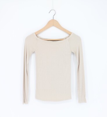 ENZA COSTA Silk Rib Exposed Shoulder Long Sleeve Top Salt S $154 C2
