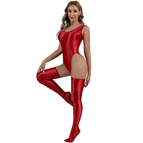 Women Shiny Glossy Leotard Lingerie High Cut Bodysuit Stretch Stockings Swimwear - Picture 4 of 20