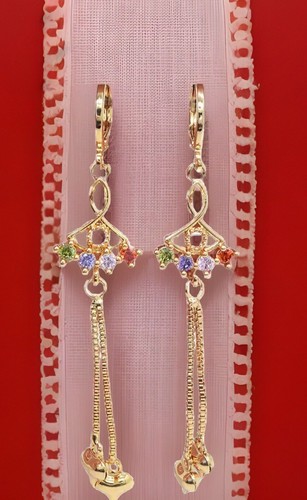 Rainbow Topaz Crowned Golden Puffed Heart Tassel Dangle 14K GF Drop Earrings - Picture 3 of 8