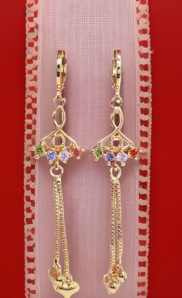 Висячие серьги-капли с радужным топазом и золотыми пухлыми сердечками и кисточками 14 карат GF - Изображение 3 из 4