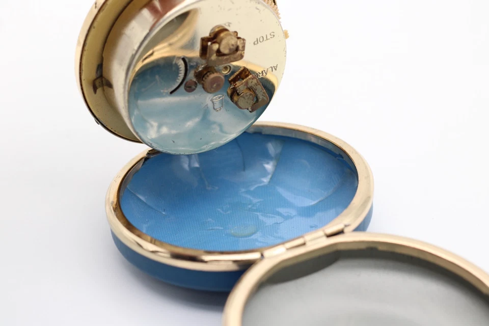 Vintage Junghans 2 JEWELS Reiseuhr Reisewecker blau rund Uhr Messing Ø 7,5 cm - Bild 3 von 4
