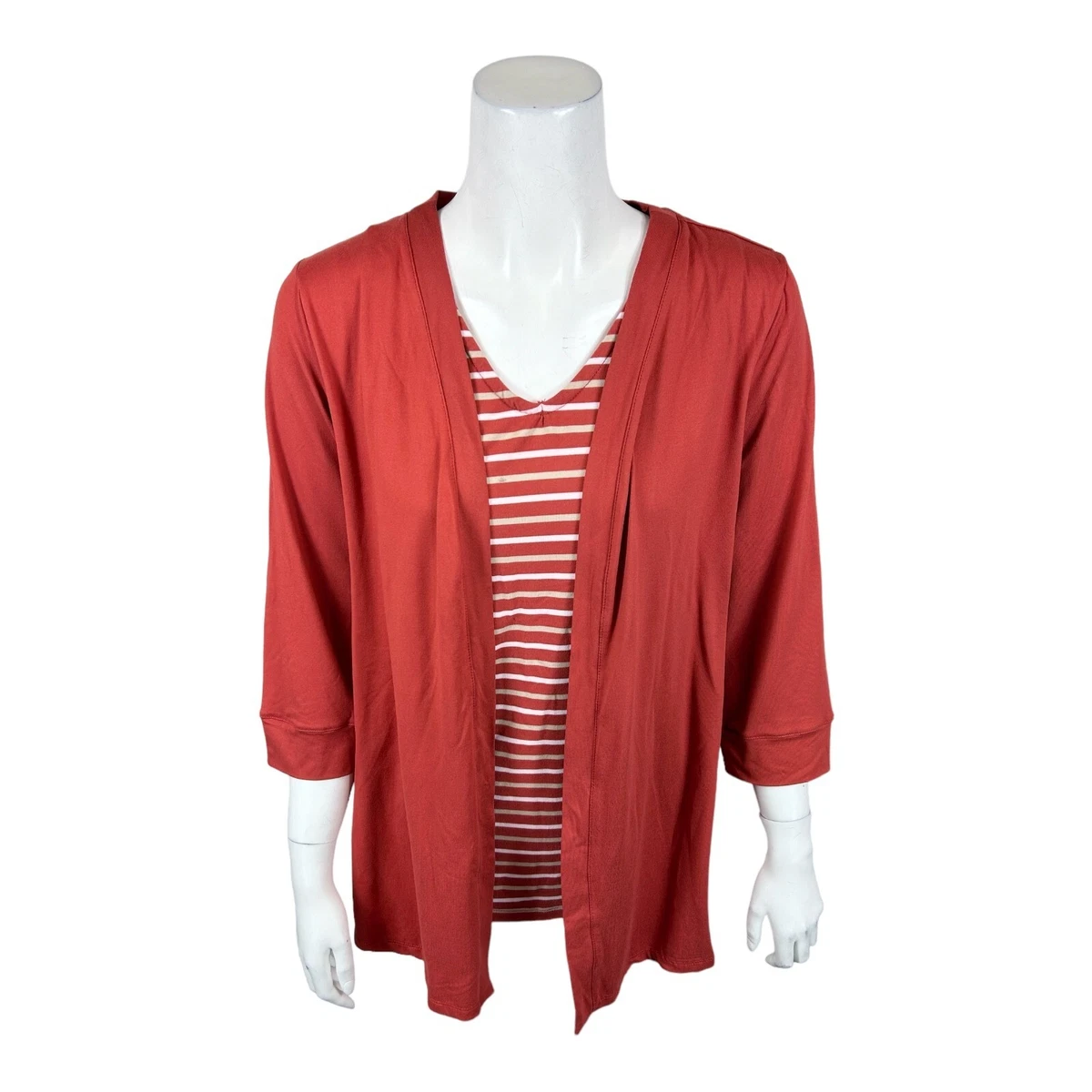 Cuddl Duds Flexwear Open-Front Cardigan and Tank Twin Set Stripe Large Size