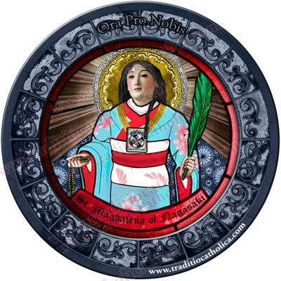 Saint Magdalena of Nagasaki Stained Glass round 4 inch refrigerator magnet.