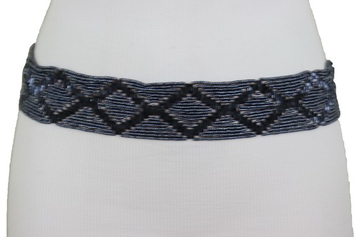 Women Navy Blue Color Beads Bling Waistband Wrap Around Tie Geometric Belt M L - Picture 11 of 23
