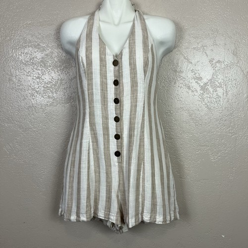Mameluco halter corto forrado a rayas beige/blanco talla grande para mujer - Imagen 9 de 14
