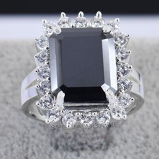 5.80Ct Certified Emerald Cut Black Diamond Solitaire Ring. 925 Silver- No Tariff