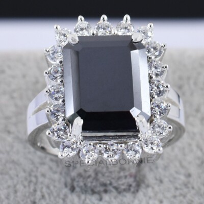 5.80Ct  Certified Emerald Cut Black Diamond Solitaire Ring. 925 Silver-VIDEO