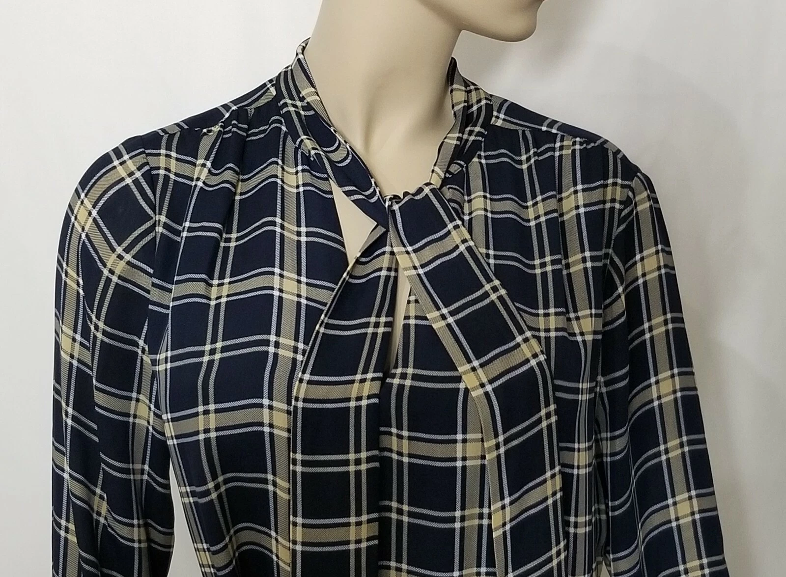 Abito Michael Kors blu navy a quadri con cintura e fiocco cravatta manica lunga taglia 12