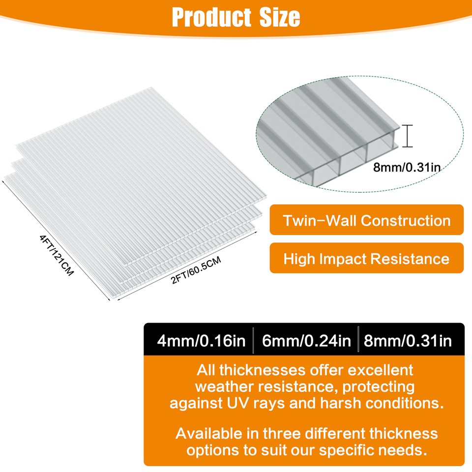 2ftx4ft Twin-Wall Polycarbonate Hollow Sheet Greenhouse Panels Roof UV ...