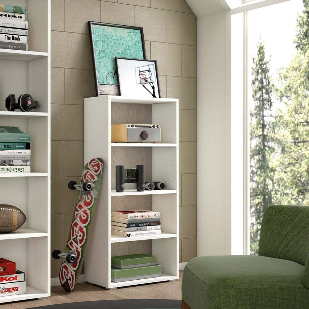 Librería de diseño moderno, 4 compartimentos, salón, oficina, estudio, madera bl