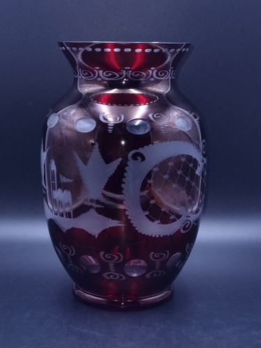 Bohemian Glass Egermann Ruby Red Cut to Clear Etched Large Vase - Picture 2 of 8