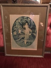 Josef Pierre Nuytten Framed Etching "Summer Morning" Art Nouveau  Lady Peacocks