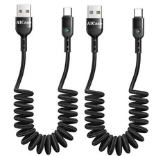 Coiled USB Type C Cable USB A to USB C Charging Retractable Car Charger Cord