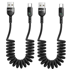 Coiled USB Type C Cable USB A to USB C Charging Retractable Car Charger Cord