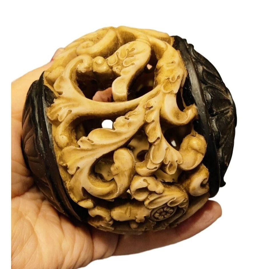 Juego de bolas y cuencos decorativos chinos con aspecto tallado hueso y negro decoración del hogar resina Foto 2 de 4