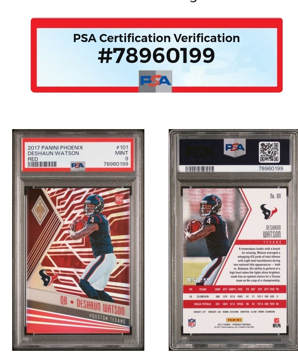 2017 Panini Phoenix⚡Deshaun Watson⚡🔴Red #/299⚡RC #101⚡PSA 9 Mint