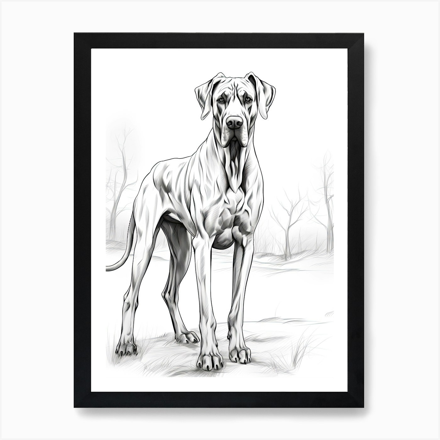 Great Dane Line Drawing Art Framed Wall Poster Canvas Print